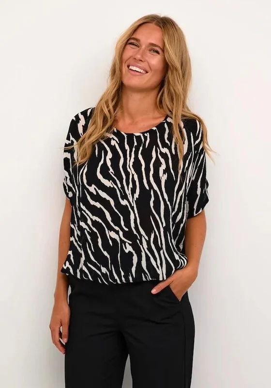 KAFFE Kaamber Zebra Print Top, Black