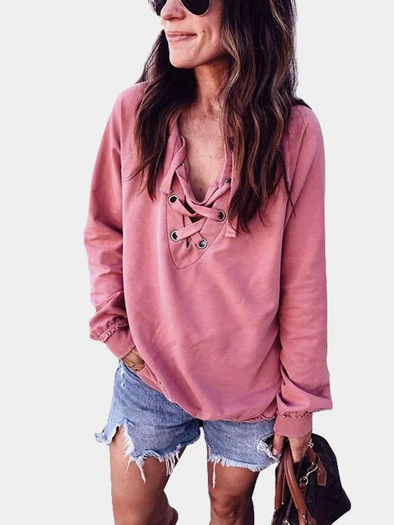 Custom V-Neck Lace-Up Long Sleeve Bodycon Hem Pink T-Shirts