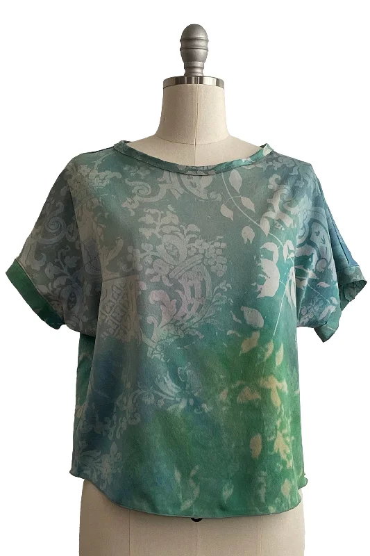 Jen Crop Top Silk Charmeuse w/ Wallpaper Print - Blue & Green Painted - Medium