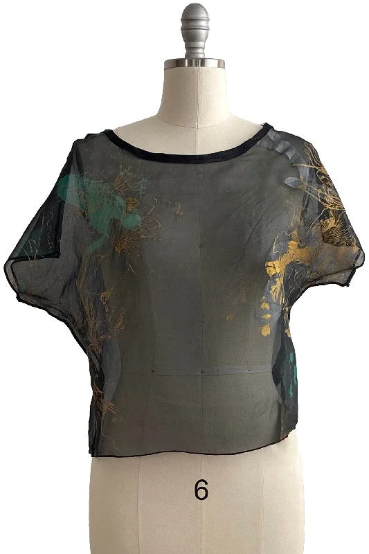 Jen Crop Top Silk Organza w/ Azalea Chaos Print - Black w/ Gold - Small