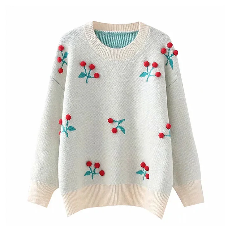 Three dimensional flower round neck Pullover knitted sweater lazy loose top  7388