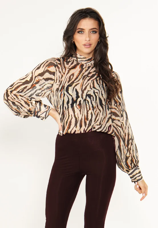 Zebra High Neck Chiffon Blouse in Cream