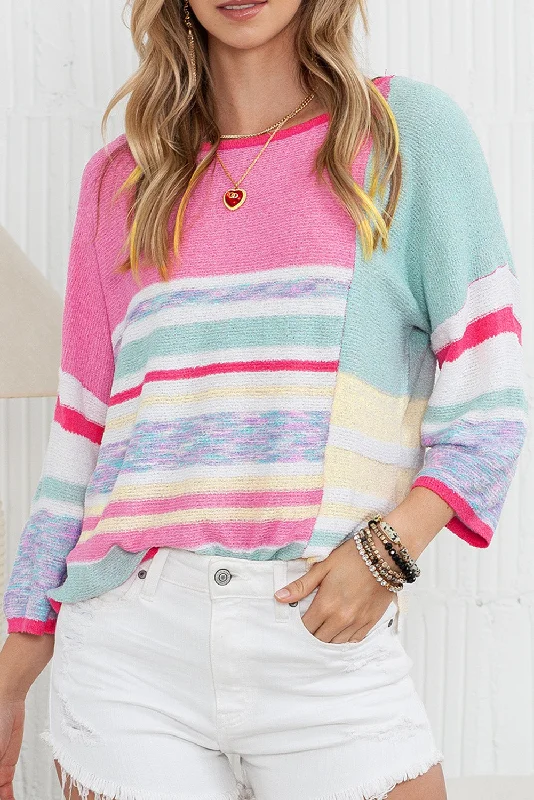 Pink Striped Color Block Three Quarter Sleeve Casual Knit Top