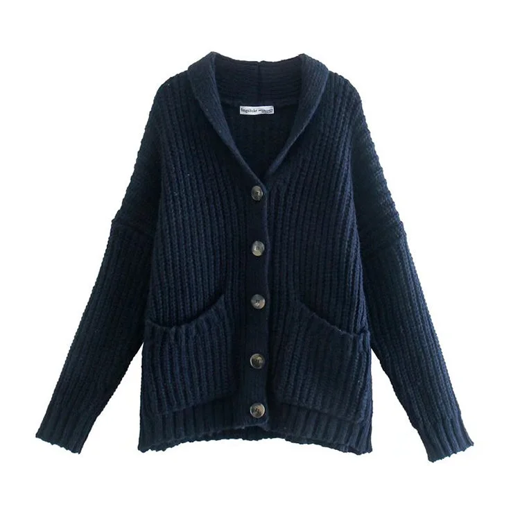 Lapel knit cardigan autumn casual versatile sweater  7395