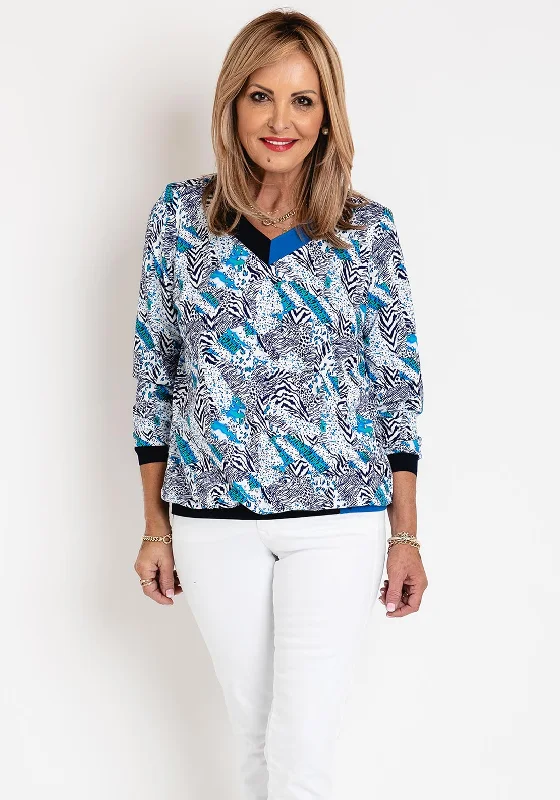 Leon Collection Mixed Animal Print Top, Royal Multi