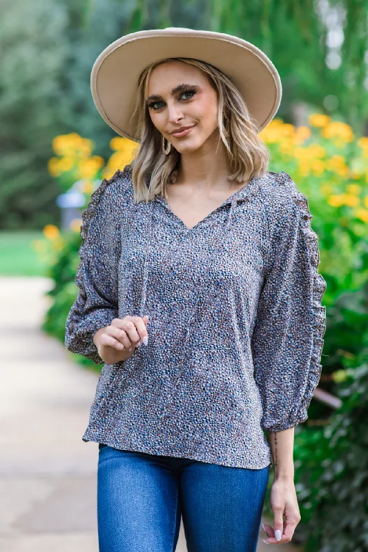 Mocha Multicolor Ditsy Floral Cold Shoulder Top