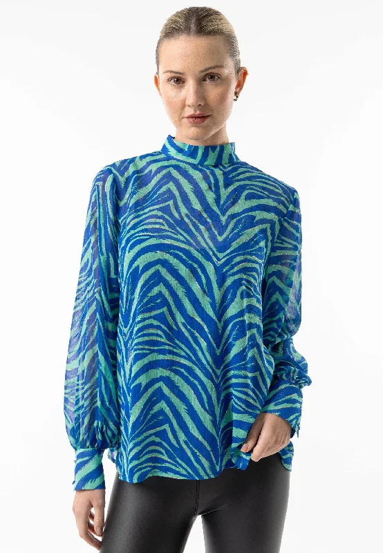 Zebra High Neck Chiffon Blouse in Blue