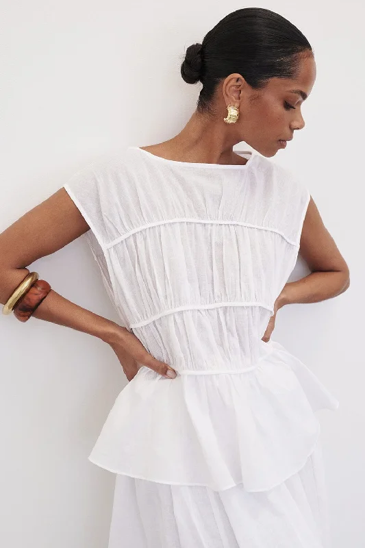 FLYNN WHITE LINEN BLEND TIERED TOP