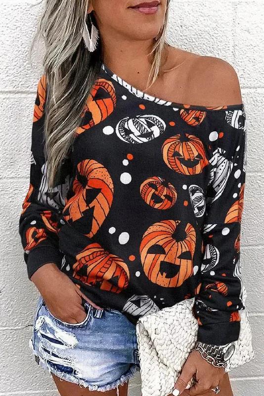 TastyHottie - One Shoulder Jack-O'-Lantern Graphic Sweatshirt