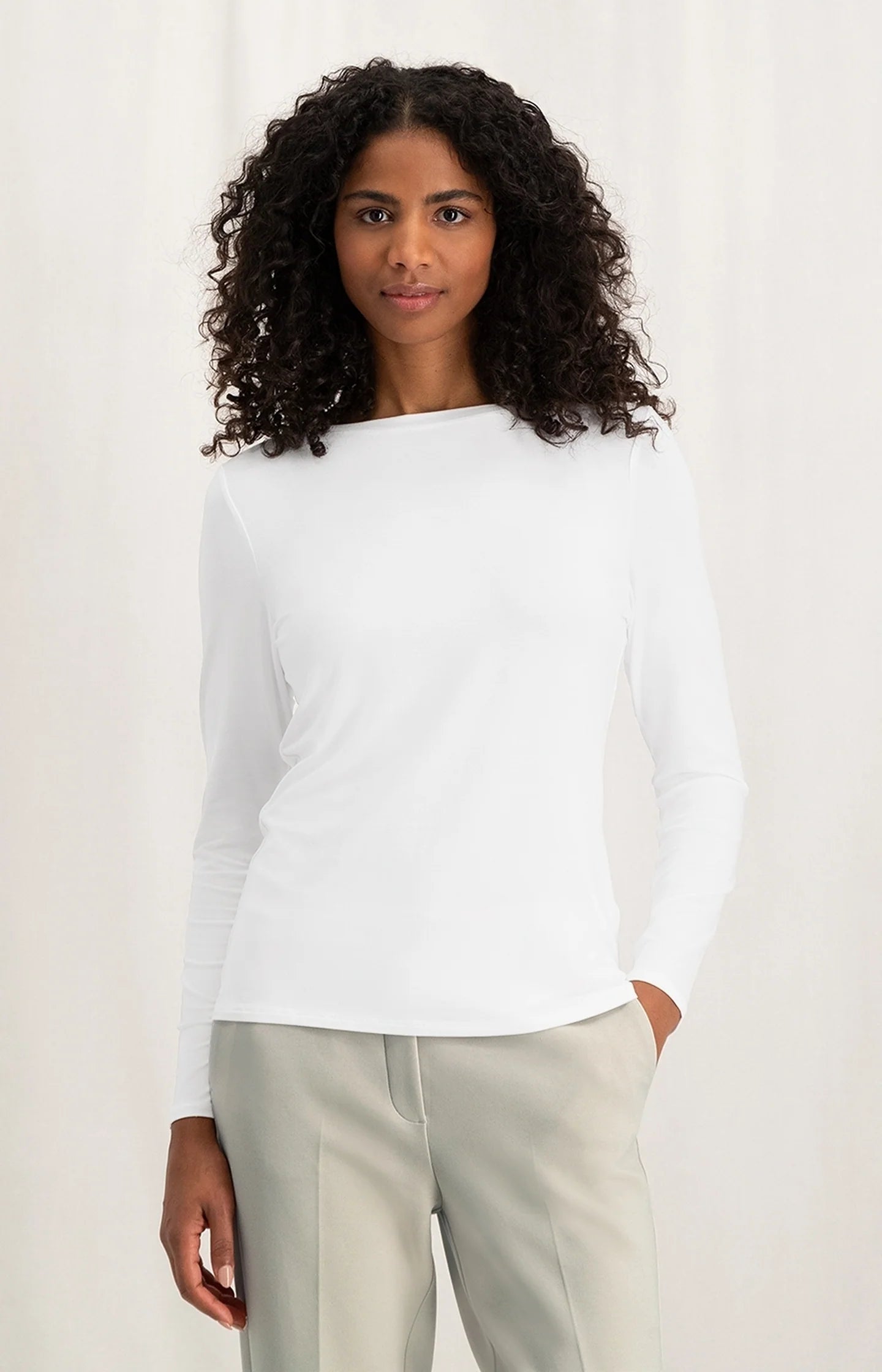 YAYA Boat Neck Long Sleeve T-Shirt, Pure White