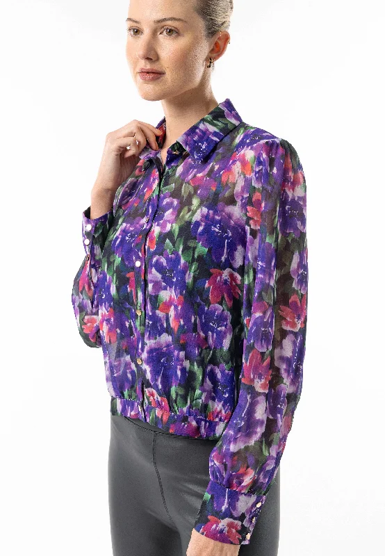 Semi Sheer Collar Blouse in Purple Floral Print