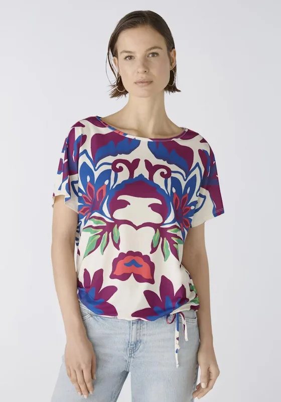 Oui Vibrant Floral Jersey Drawstring Top, White Violet