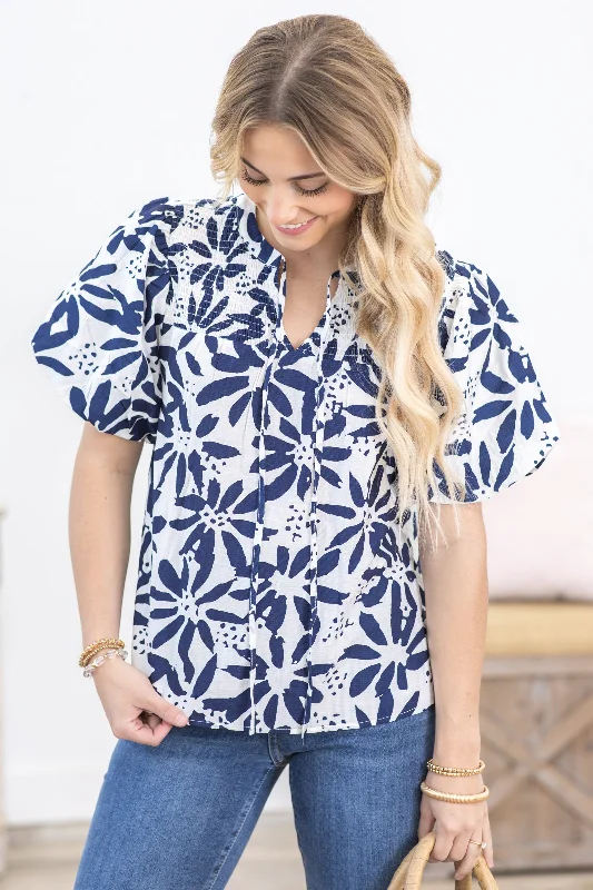 Navy Flower Print Tie Neck Woven Top