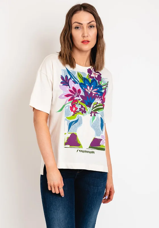 Oui Flower Vase Print Cotton T-Shirt, Off- White