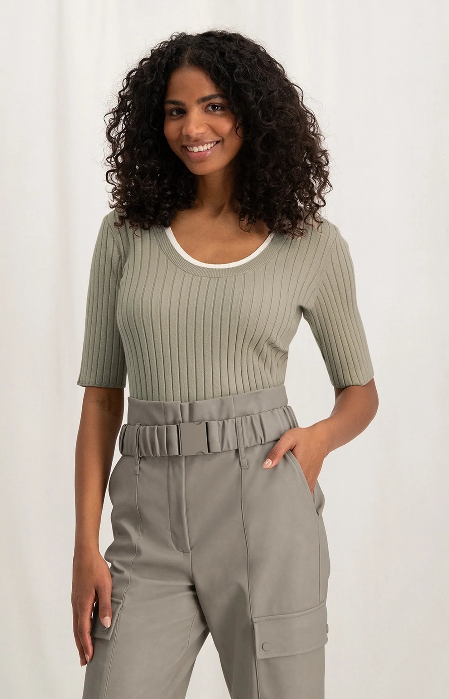 YAYA Slim Fit Round Neck Ribbed Top, Aluminium Beige