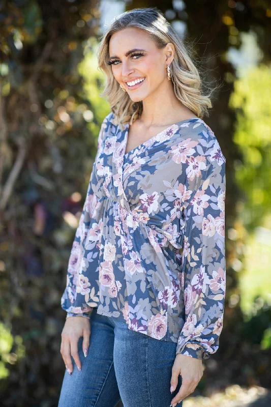 Slate Blue and Dusty Rose Floral Babydoll Top