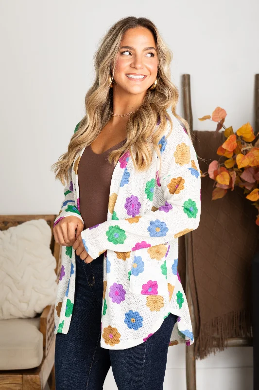 Ivory Floral Open Front Cardigan