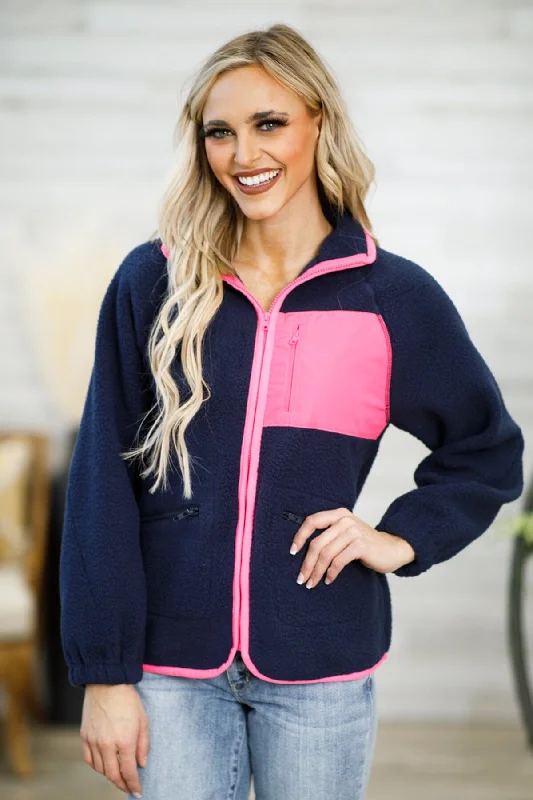 Navy and Hot Pink Full Zip Sherpa