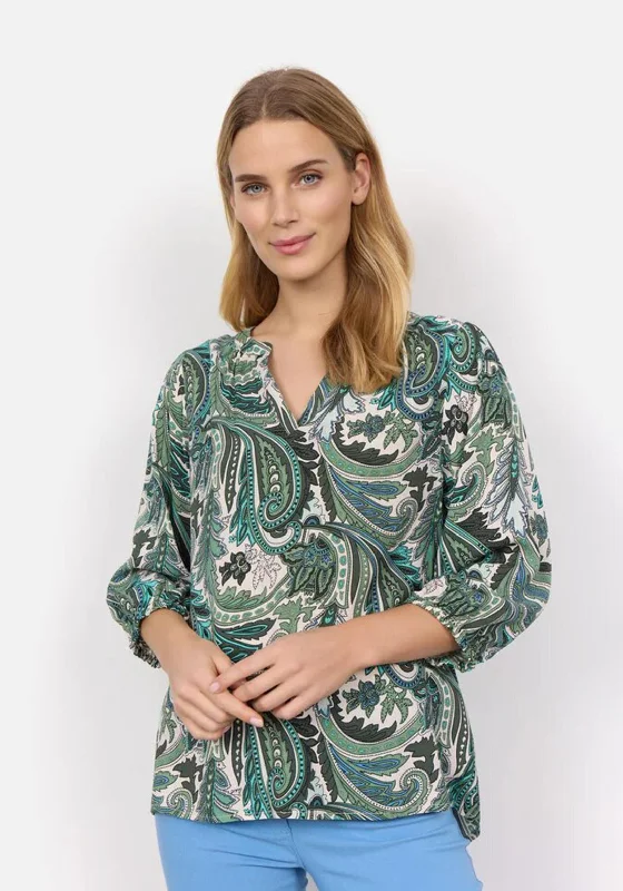 Soyaconcept Donia Split Neck Paisley Print Top, Green