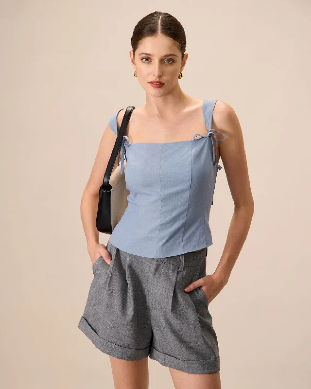 Women's Blue Square Neck Bowknot Tank Top