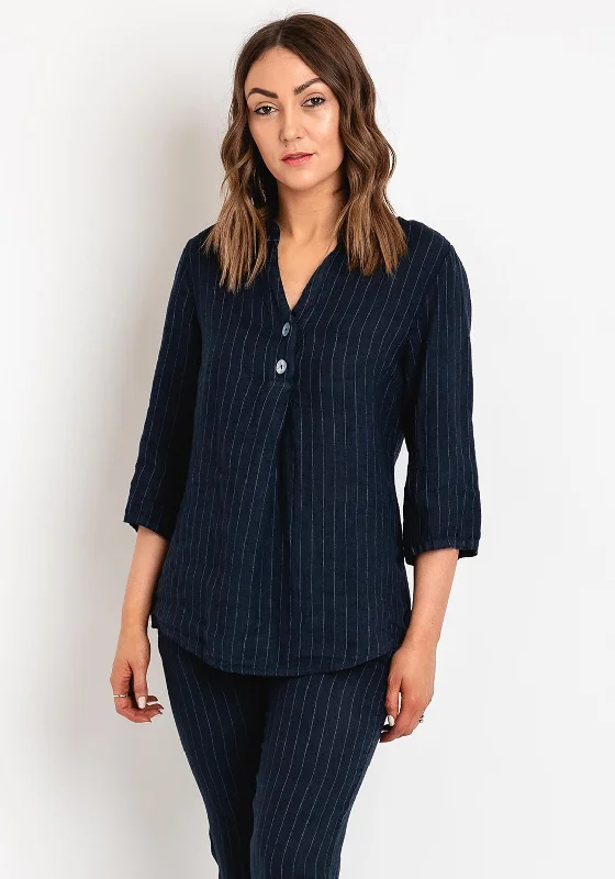 D.E.C.K By Decollage V-Neck Pinstripe Linen Top, Navy