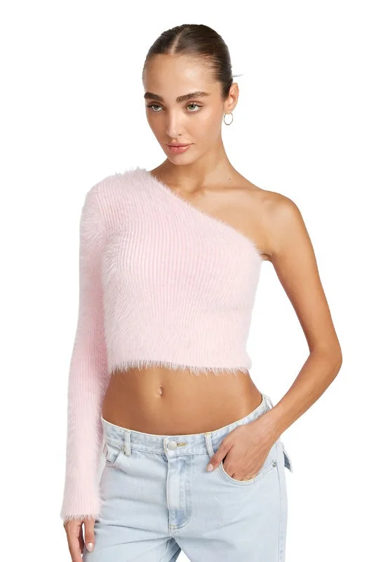 ONE SHOULDER FLUFFY SWEATER TOP