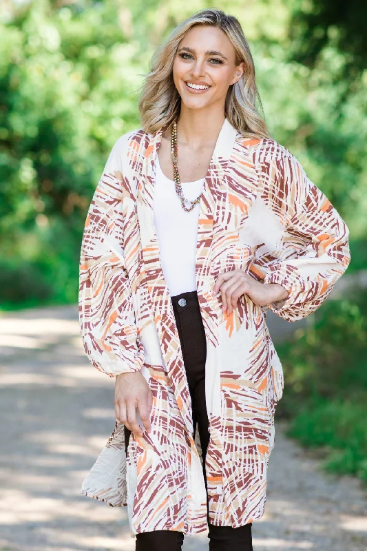 Ivory and Brown Palm Print Mid Length Cardigan