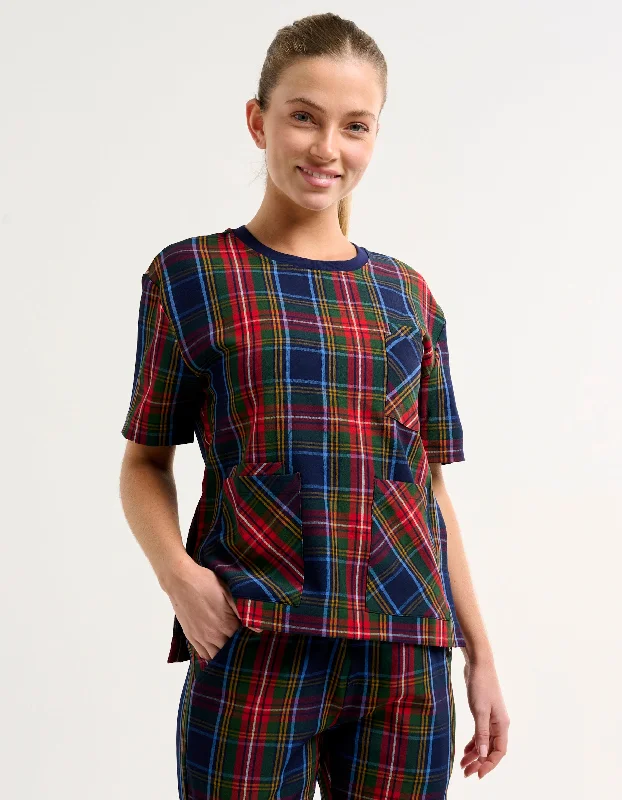 Essential Crewneck Scrub Top - Christmas Blue Tartan