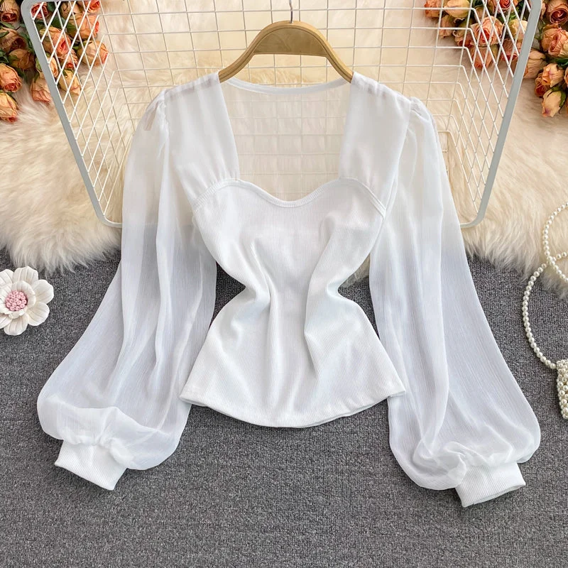 Simple sweetheart neck long sleeve top  252