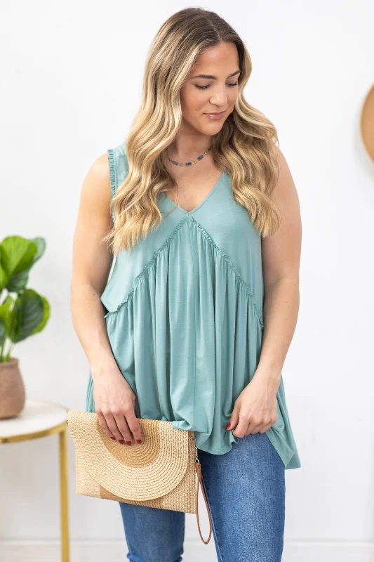 Dusty Teal Raw Edge Ruffle Detail Knit Top