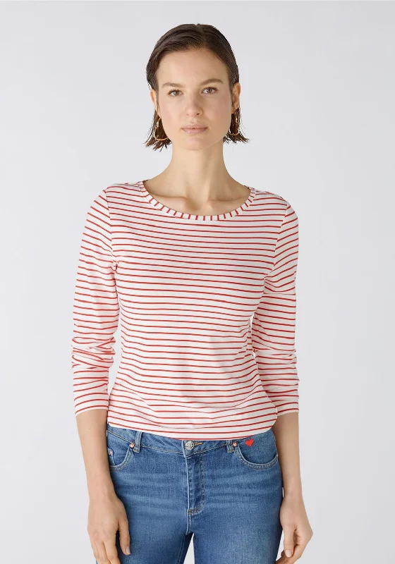 Oui Round Neck Striped Top, Red & White