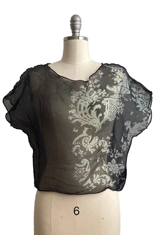 Jen Crop Top Silk Organza w/ Split Wallpaper Print - Black & Natural - Small