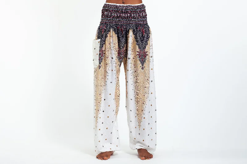 Unisex Peacock Feathers Harem Pants in White