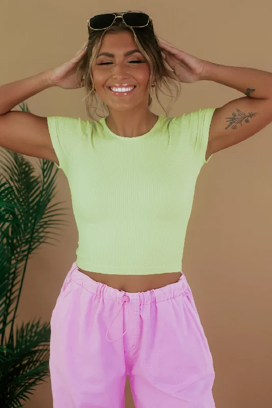 Ribbed Crop Baby Tee, Lime Yellow