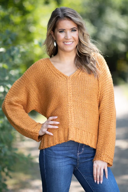 Mustard Front Seam V-Neck Sweater