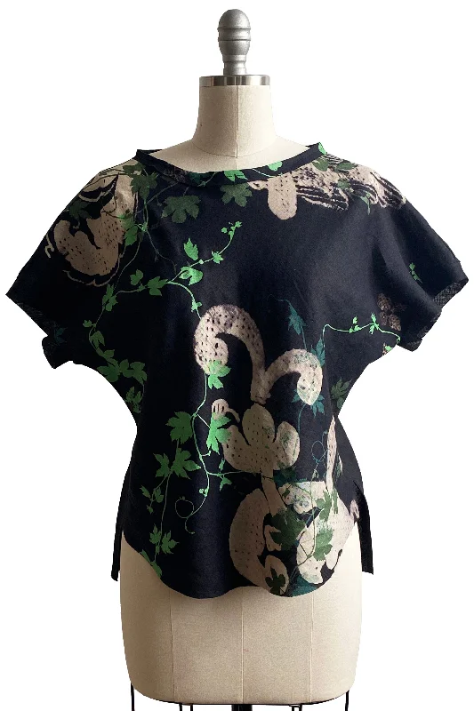 Jen Crop Top Linen w/ Scroll & Vine Print - Black, Natural & Green - Small