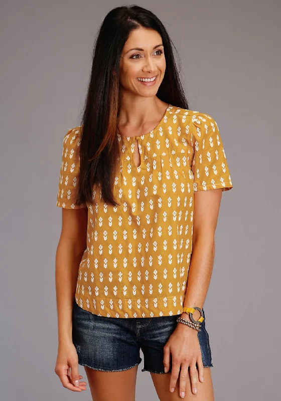 Stetson Womens Aztec Schiffli Yellow 100% Cotton S/S Blouse