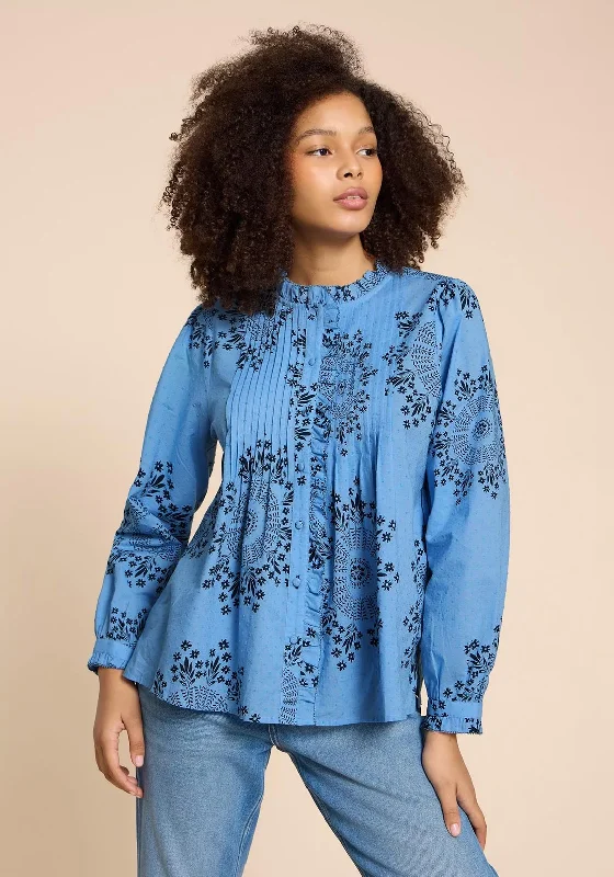 White Stuff Fia Frill Neck Top, Blue Print