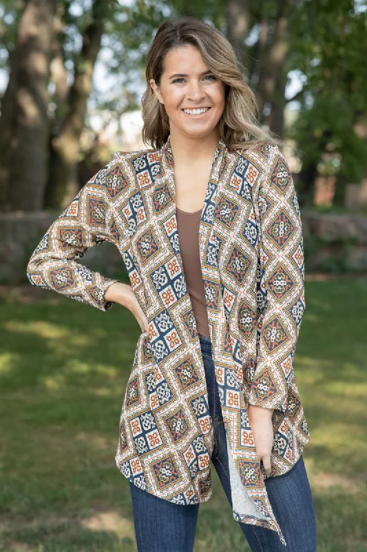 Camel and Teal Multicolor Aztec Cardigan