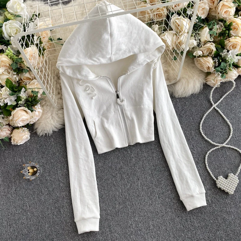 Fashionable autumn long-sleeved short jacket white hoodie  249