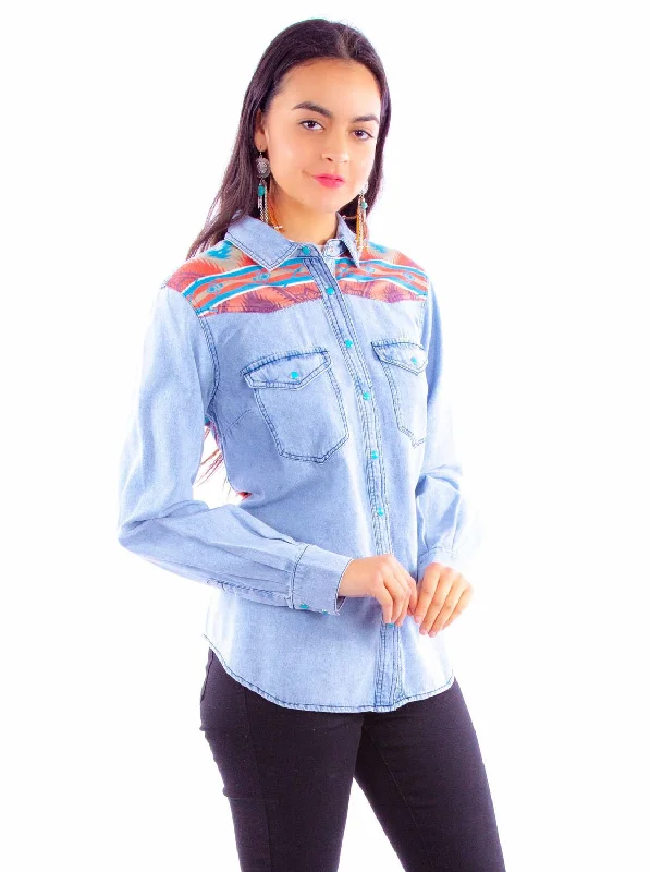 Scully Womens Microfiber Aztec Scene Denim Cotton Blend L/S Shirt