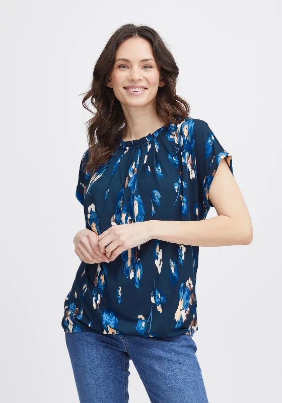 Fransa Seen Pleated Round Neck Print Top, Hydrangea