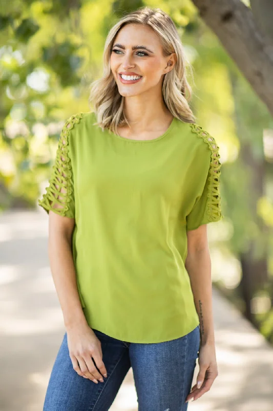 Light Olive Lattice Sleeve Top