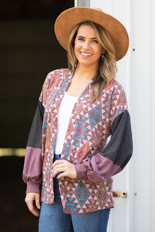 Terra Cotta Multicolor Aztec Print Cardigan