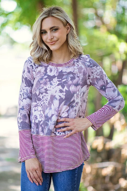 Burgundy Floral Print and Stripe Top