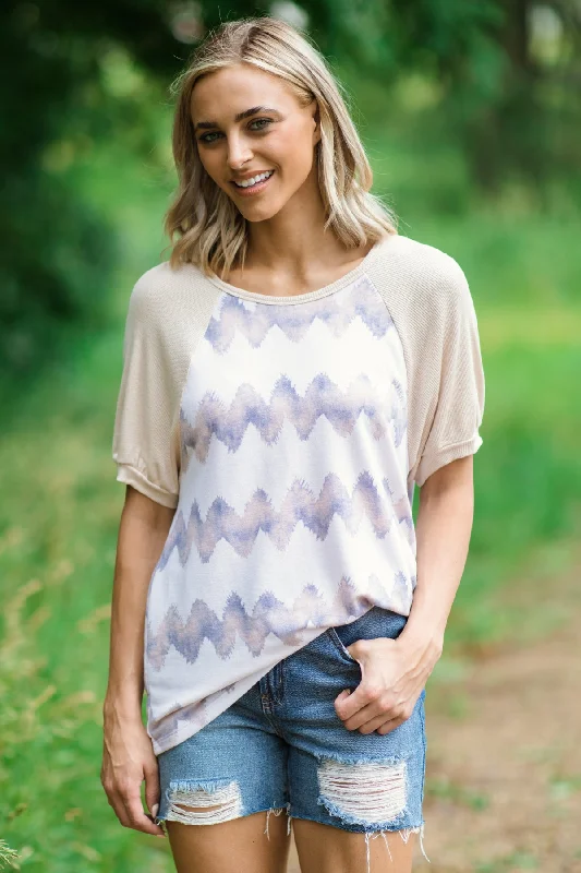 Cream and Beige Chevron Print Raglan Top