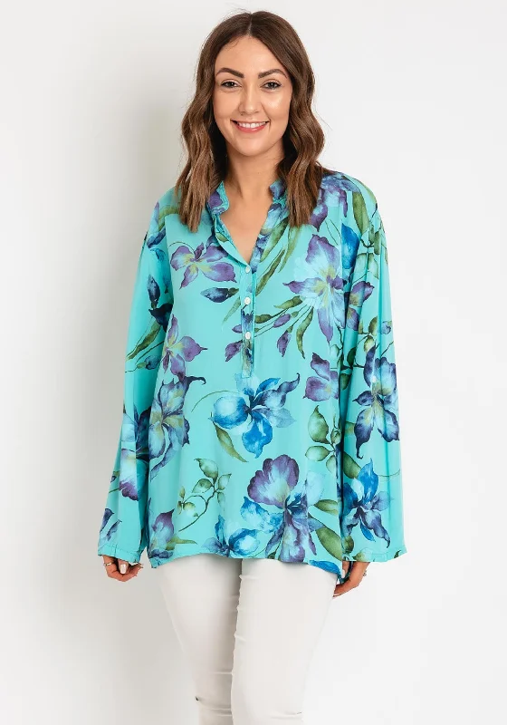 Serafina Collection One Size Floral Tunic Blouse, Teal