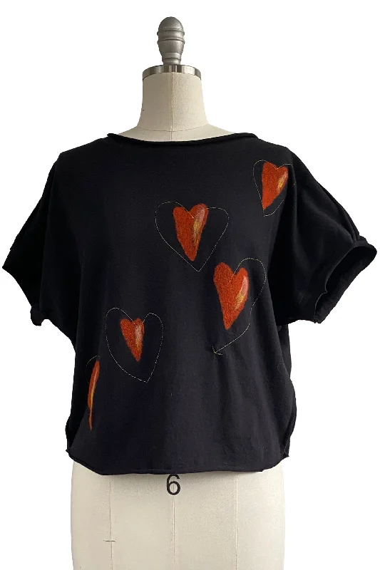 Jen Crop Top w/ Felted Hearts - Black & Red - Small