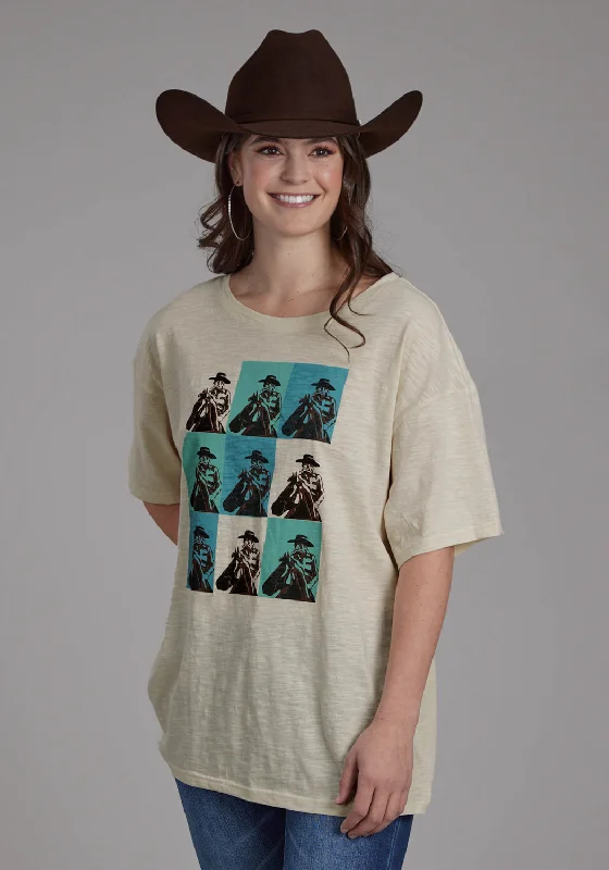 Roper Womens Cowboy Panels Cream 100% Cotton S/S T-Shirt