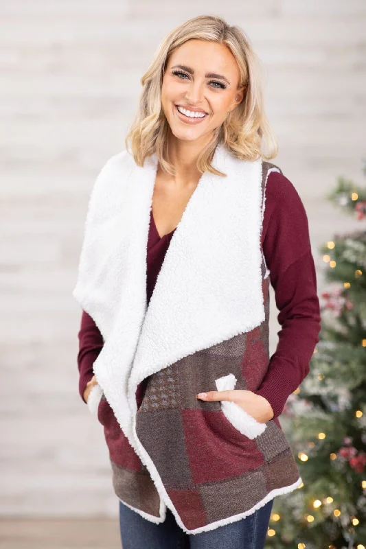 Burgundy and Brown Plaid Sherpa Vest